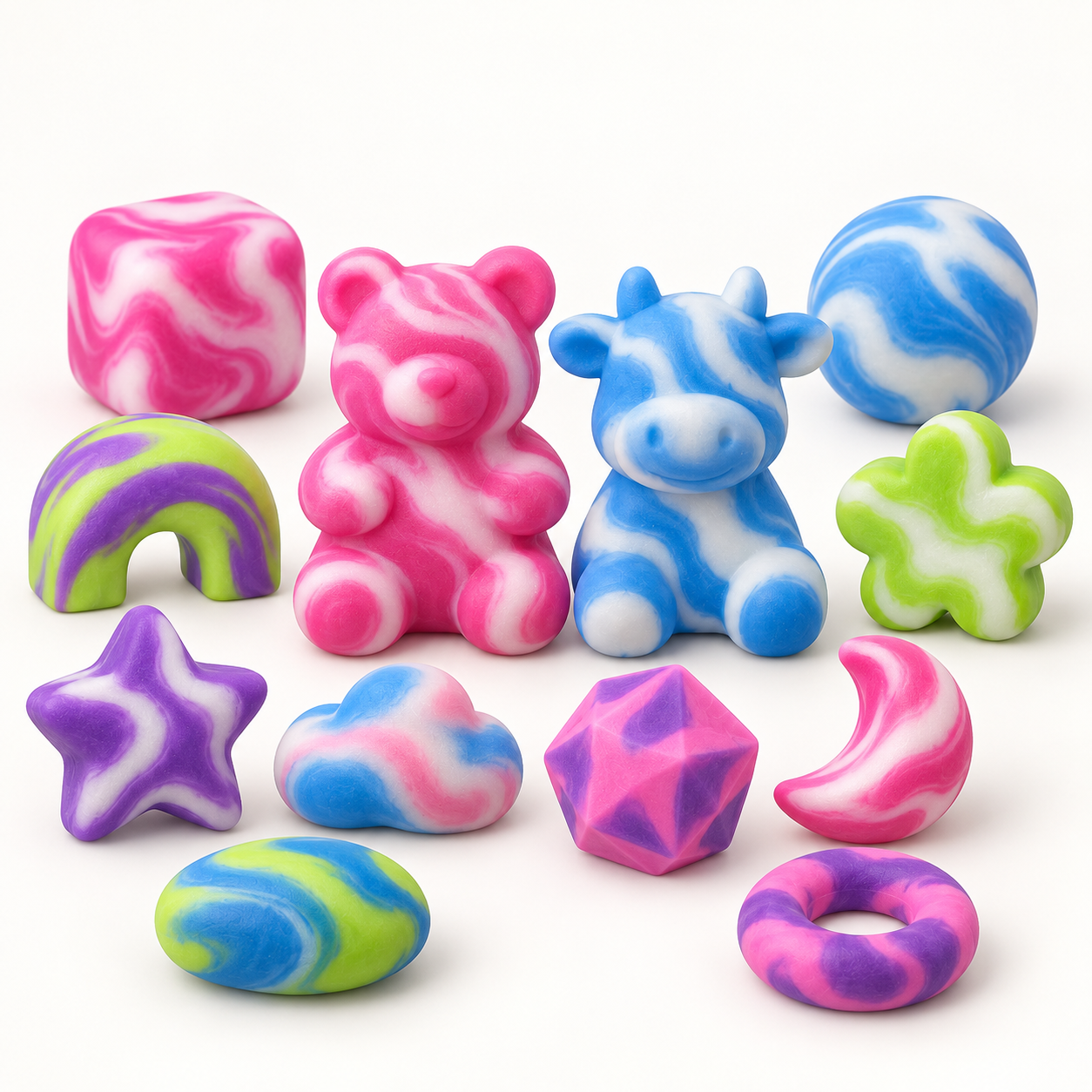 Assortment of finished SquishLab squishies in different shapes and colors